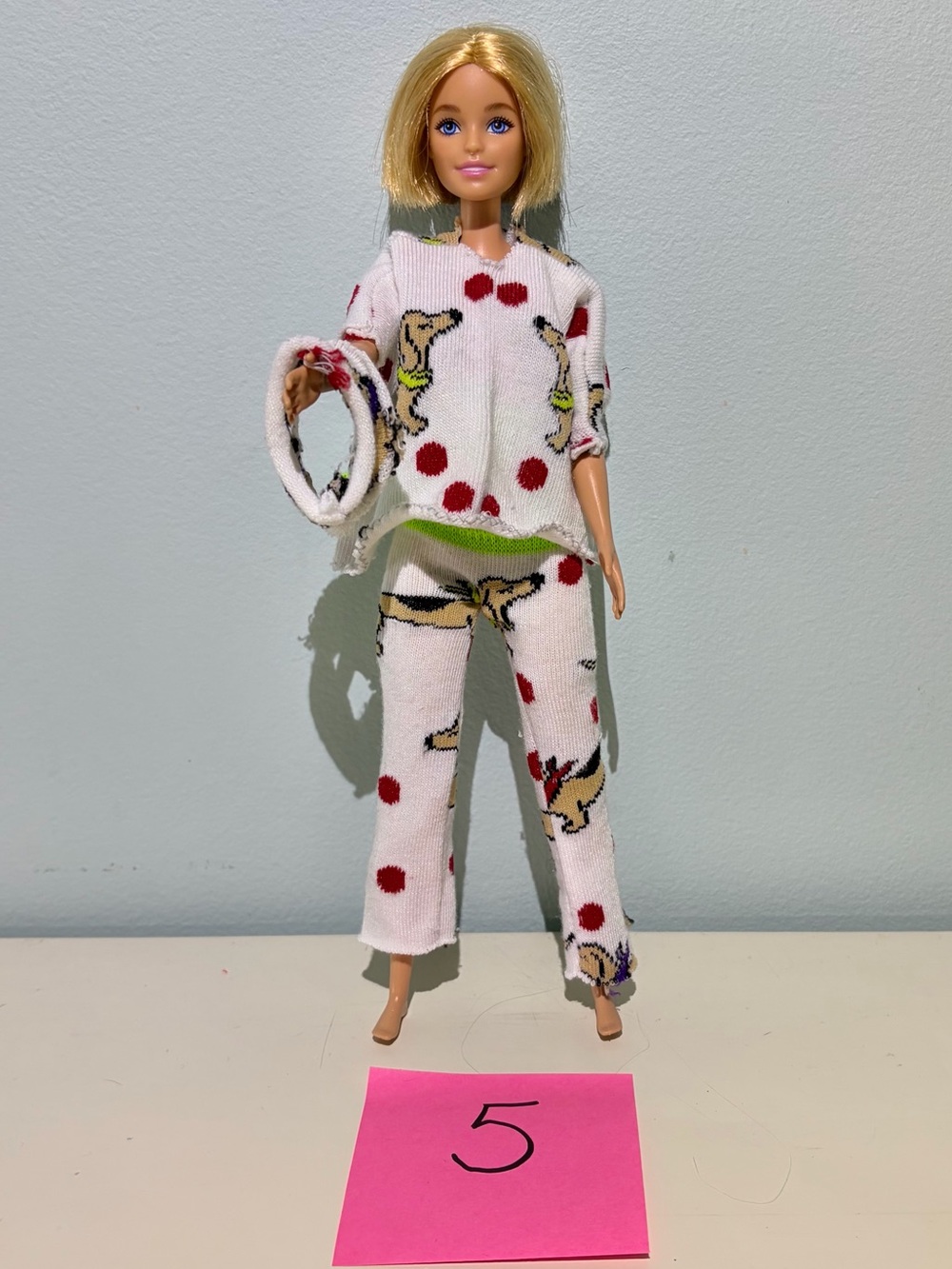 Classic Blonde Short Bobbed Hair Barbie Doll in Adorable Dachshund Outfit